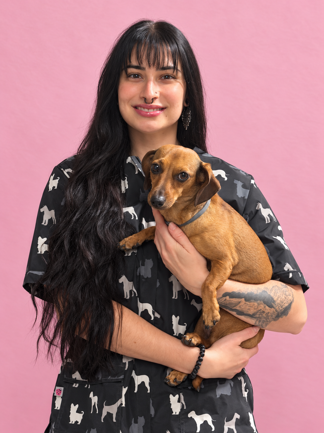 Kenna, a Groomingdales groomer, holding a dachshund